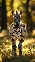 Young zebra stands amidst nature in golden sunlight during a serene moment in the forest photo