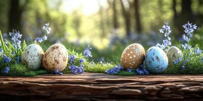 Colorful Easter eggs on a wooden log surrounded by vibrant wildflowers in a serene forest setting photo