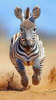 Young zebra runs playfully across the sandy savanna under a clear blue sky during the golden hour of early morning photo