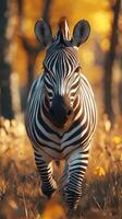 Zebra walking through sunlit grass in a forest during autumn, showcasing striking patterns and vibrant colors photo