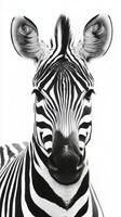 Striking portrait of a zebra showcasing its unique black and white striped pattern in a natural habitat photo