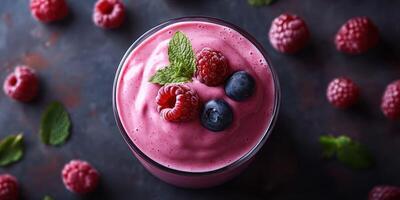 Refreshing berry smoothie with garnishes, placed on a dark textured surface with fresh raspberries and mint leaves photo