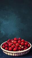 Freshly picked red berries in a ceramic bowl on a textured blue background showcasing vibrant colors in evening light photo