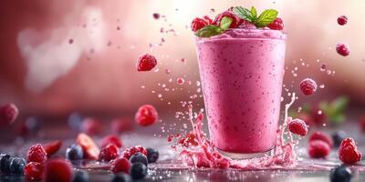 Delicious raspberry smoothie splashes with fresh berries on a vibrant background photo