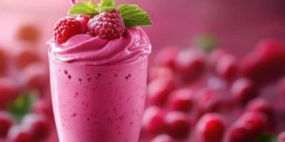 Refreshing raspberry smoothie served with mint leaves on a vibrant pink background photo