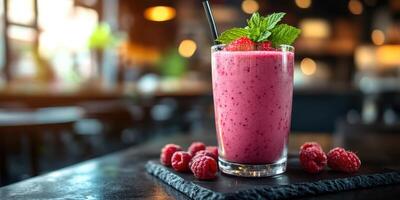 Delicious raspberry smoothie served in a glass on a black slab with fresh mint leaves in a cozy cafe setting photo