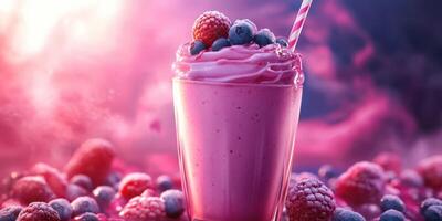 Refreshing berry smoothie topped with whipped cream and fresh fruits on a vibrant background photo