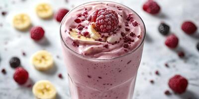 Creamy raspberry banana smoothie served in tall glass with fresh berries on a marble background photo