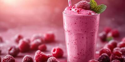 Raspberry smoothie topped with mint leaf and fresh berries in a vibrant pink setting during afternoon light photo