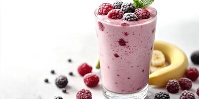 Refreshing berry smoothie in a glass garnished with mint leaves and served with fresh fruit photo