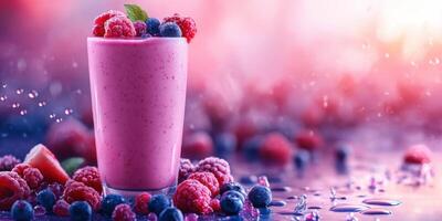 Fresh berry smoothie made with raspberries and blueberries on a wet surface photo