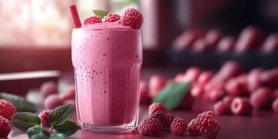 Refreshing raspberry smoothie garnished with fresh berries and mint on wooden table photo