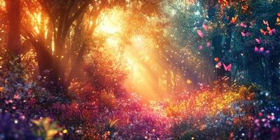 Vivid forest at sunset with glowing light and colorful butterflies dancing among flowers photo