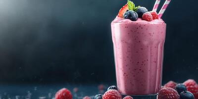 Refreshing berry smoothie with strawberries, blueberries, and raspberries served in a glass on a dark background photo