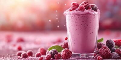 Creamy raspberry smoothie served in a glass with fresh berries surrounding it on a vibrant background photo