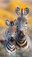 Mother and baby zebra posing together in their natural habitat during golden hour photo