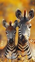 Zebras stand together in a golden field during a sunny afternoon in their natural habitat photo
