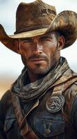 Cowboy in rugged attire captures the spirit of the Wild West in a sunlit desert setting photo