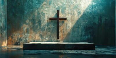 Wooden cross displayed prominently in a dimly lit, textured chapel interior photo