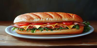 Freshly made sub sandwich with layers of meat, cheese, and vegetables on a plate photo