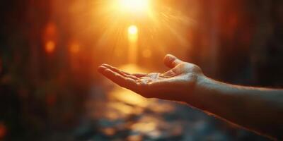 Hand reaches out towards warm light in a tranquil natural setting during golden hour photo