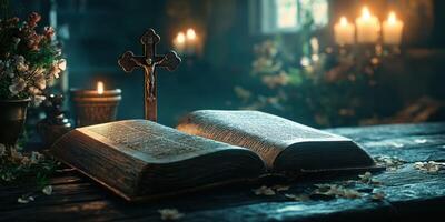 Opened sacred book rests on wooden table illuminated by candlelight in a serene and peaceful setting photo