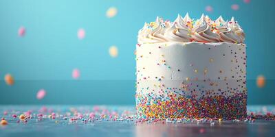 Colorful cake adorned with sprinkles on a blue background creates a festive atmosphere for celebrations and events photo