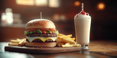 Delicious burger with fries and milkshake served in a cozy diner setting at night photo