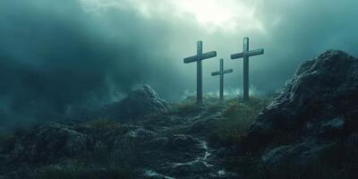 Crosses stand on a foggy hillside against a dramatic sky at dusk, evoking a sense of solitude and reflection photo