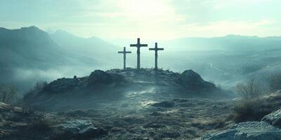 Three crosses stand on a rocky hill under a cloudy sky at dawn in a serene mountain landscape photo