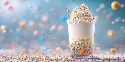 Delicious dessert featuring a whipped cream topped treat with colorful sprinkles on a festive backdrop filled with decorations photo