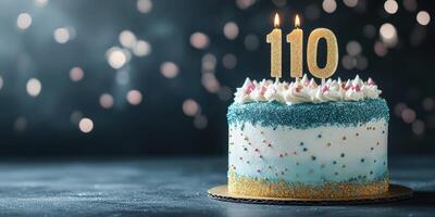 Celebratory cake adorned with sparkling candles marking a special 110th birthday occasion photo