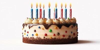 Brightly lit birthday cake with colorful candles and sprinkles placed on a white background photo