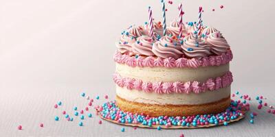Colorful birthday cake with candles and sprinkles created for a festive celebration in a decorated setting photo