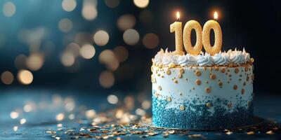 Celebration of a centennial birthday with a beautifully decorated cake featuring sparkling candles and festive decorations photo
