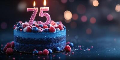 Celebration cake featuring bright blue frosting and 75 candles, surrounded by fresh berries at a joyful party photo