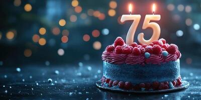 Celebration of a 75th birthday with a beautifully decorated cake featuring berries and candles in a softly lit setting photo