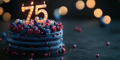 Celebration of 75th birthday with a beautifully decorated cake and candles glowing in soft lighting photo