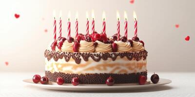 Celebrating a birthday with a beautifully decorated cake topped with candles, berries, and chocolate photo