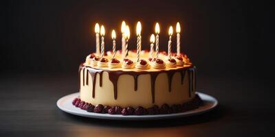 Delicious cake with lit candles and chocolate drizzle celebrating a special occasion photo