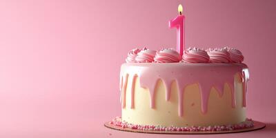 Sweet one year birthday cake with pink frosting and a single candle in a delightful setting photo