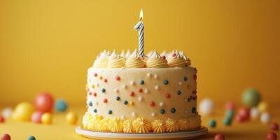 Celebrate a first birthday with a joyful cake decorated with colorful sprinkles and a single candle glowing warmly photo