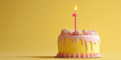 Celebratory yellow cake with pink frosting and a single candle for first birthday celebration photo