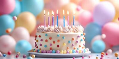 Colorful birthday cake with candles and balloons in a festive atmosphere during a celebration photo