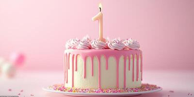 Celebrating a first birthday with a pink cake adorned with a candle and sprinkles photo