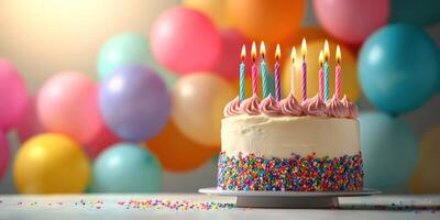 Celebrate a joyous birthday with a colorful cake and glowing candles surrounded by vibrant balloons photo
