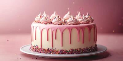 Colorful cake with pink icing and sprinkles on a pastel background for a celebration or special occasion photo