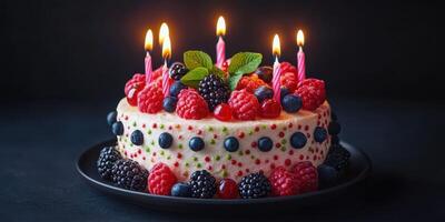 Celebration cake topped with fresh berries and lit candles for a festive gathering photo