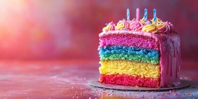 Colorful rainbow cake with frosting and candles displayed on a festive table setting photo