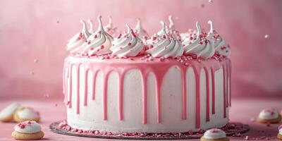 Celebration cake adorned with pink icing and decorative toppings perfect for special occasions and gatherings photo